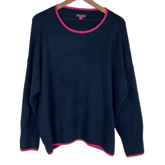 Vince Camuto Womens XL Navy Crewneck Extra Soft Sweater Pink Trim Preppy - Picture 1 of 5
